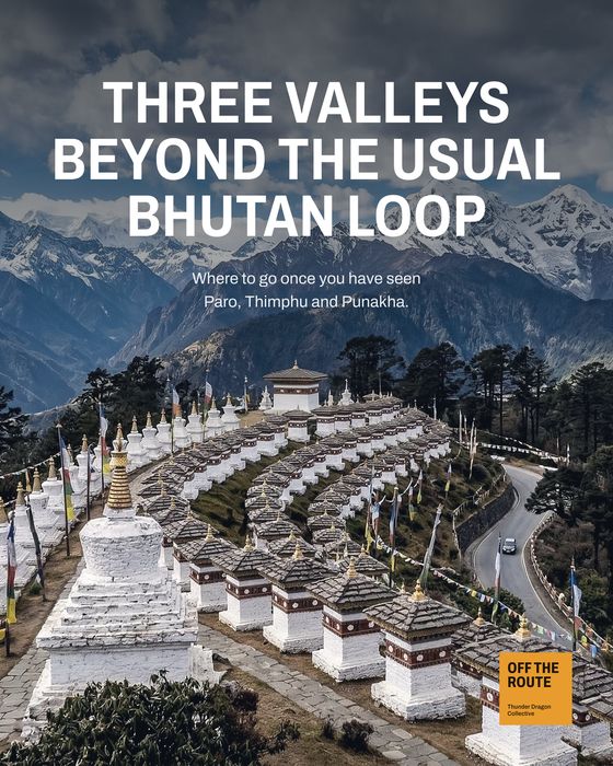 Concept poster. Three valleys beyond the usual Bhutan loop, over the chortens at Dochula pass