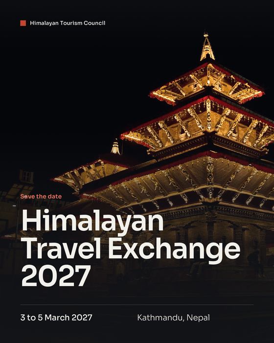 Concept poster. Save the date for the Himalayan Travel Exchange 2027 in Kathmandu, over a lit pagoda at night