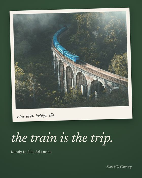 Concept poster. The train is the trip, two instant photos of the blue train crossing Nine Arch Bridge in Ella