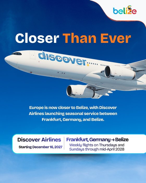 The original post by Belize Tourism Board. A Discover Airlines plane on a royal blue gradient, the words Closer Than Ever in white and orange, three lines of white text underneath and a small white box at the bottom with the airline, the route and the dates.