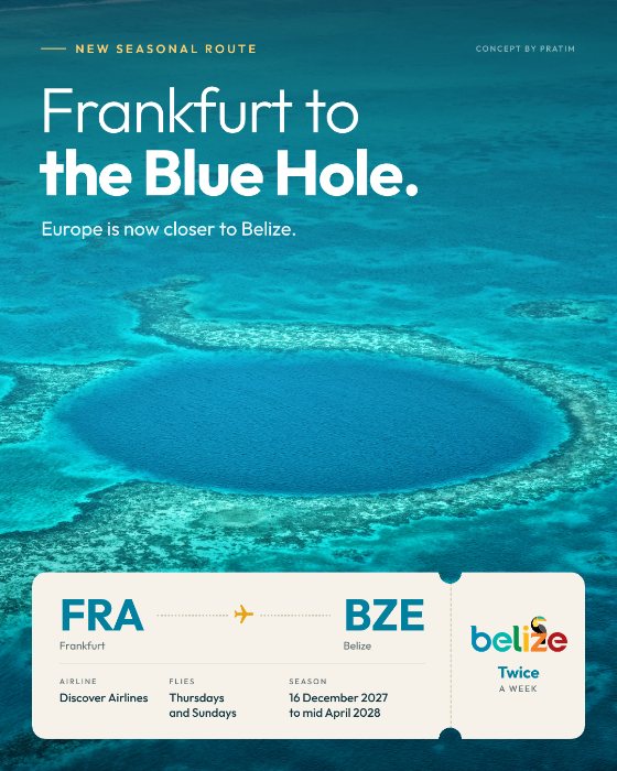 The remake in the epic scenery style. Frankfurt to the Blue Hole. Europe is now closer to Belize. Discover Airlines, Thursdays and Sundays, 16 December 2027 to mid April 2028.