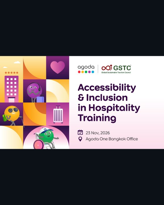 The original post by GSTC. A landscape graphic with cartoon characters and coloured tiles on the left in Agoda's palette, and on the right the course title in purple with a date and a venue underneath.