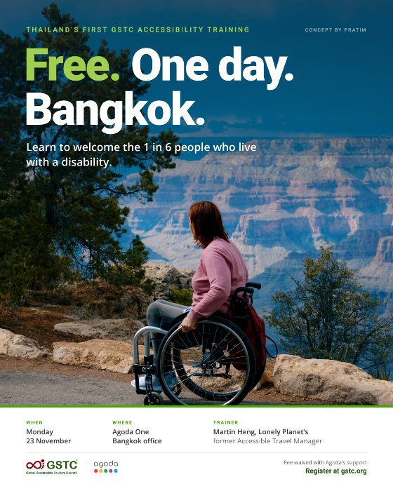 The remake in the photo poster style. Free. One day. Bangkok. Learn to welcome the 1 in 6 people who live with a disability. Monday 23 November at the Agoda One Bangkok office, with trainer Martin Heng, Lonely Planet's former Accessible Travel Manager. Fee waived with Agoda's support.