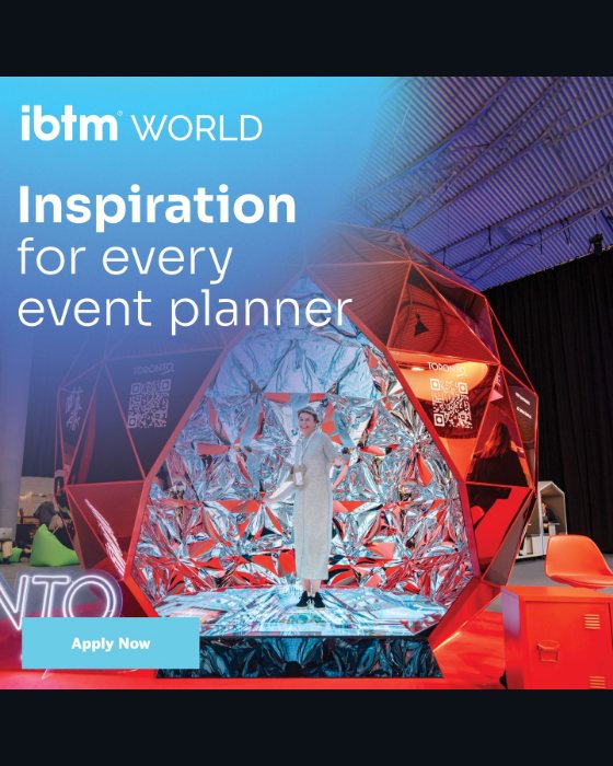 The original post by IBTM World. A square photo of a visitor standing inside a red and silver geodesic stand with Toronto branding and QR codes, under a blue to pink gradient wash, with the words Inspiration for every event planner and a pale blue Apply Now button.