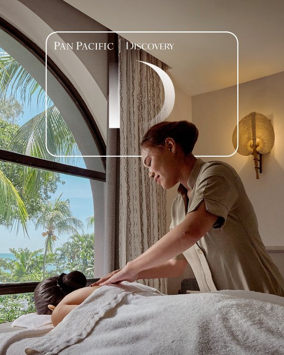 The original post by PARKROYAL Hotels and Resorts. A spa therapist giving a massage beside an arched window with palms outside, and a large white Pan Pacific DISCOVERY frame and logo covering the top third of the photo.