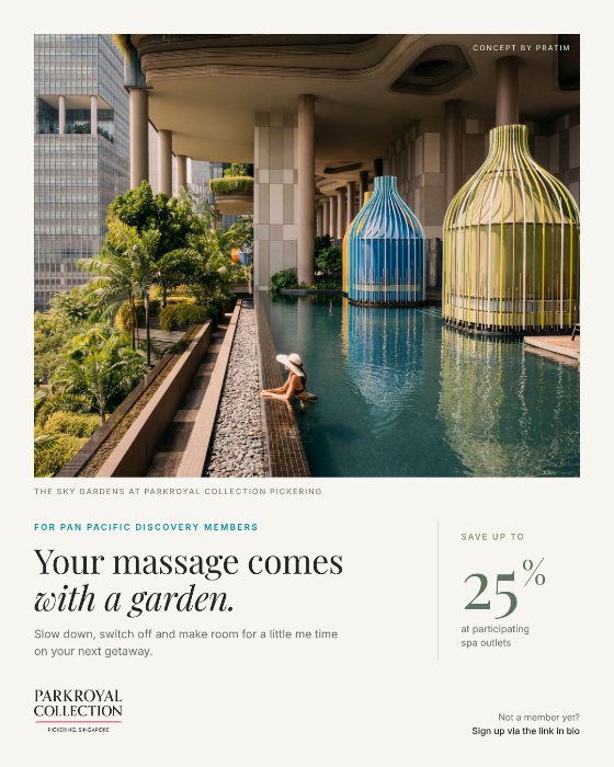 The remake in the quiet luxury style. Your massage comes with a garden. For Pan Pacific DISCOVERY members. Save up to 25% at participating spa outlets. Slow down, switch off and make room for a little me time on your next getaway.